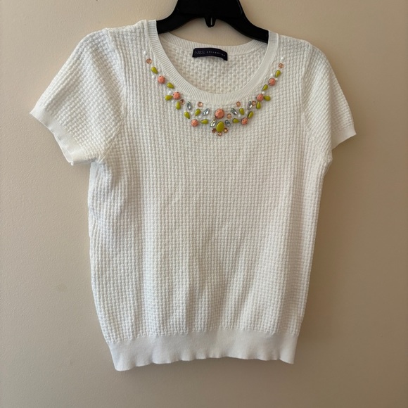 M & S Collection Sweaters - M&S Collection White Textured Knit Beaded Neckline Top Women’s Medium